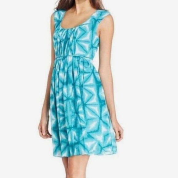 Calvin Klein size 14 turquoise abstract smock front tie waist flowy dress EUC - Picture 1 of 6